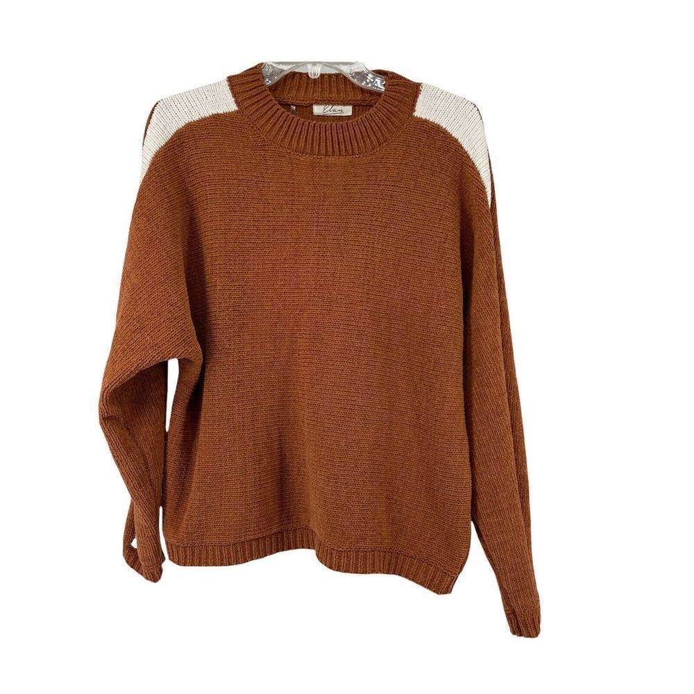 Elan Sweater Brown Chenille Knit White Arm Stripe Dolman Relaxed Fit Size Large